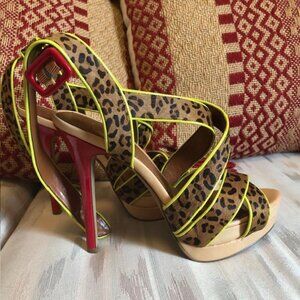 Jessica Simpson Calfskin Hair Leather Strappy Leopard Sandals US Size 8.5 , NEW